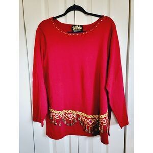 Bob Mackie 1X Sweater Wearable Art Women's Beadwork Long Sleeve Maroon Side Slit